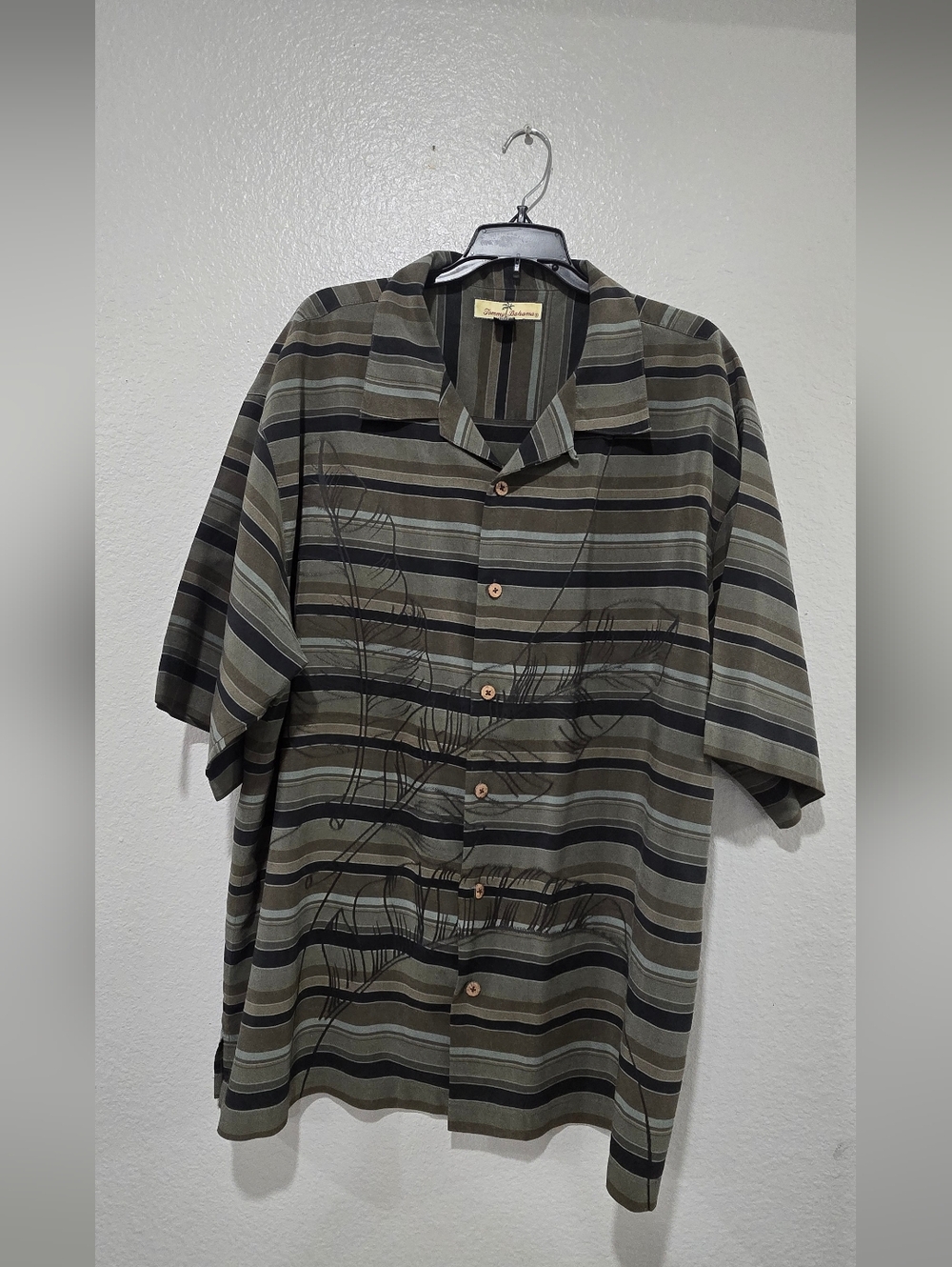Tommy Bahama Men’s Silk Hawaiian Shirt Floral Palm Trees Green Olive / Black Xl